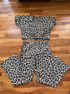 Zara Leopard Print Crop Top and Wide Leg Pants Set - Beige, Black, Brown